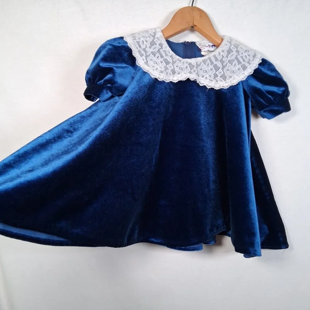 Vintage The Little Trotter Dress Size 4 Royal Blue Velour Lace Collar Party - Picture 5 of 16